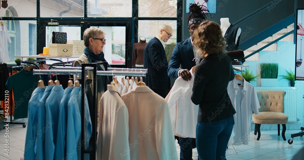 Fashion stylist suggesting clothing items to regular customer, team of store workers help elderly woman to buy trendy clothes on sale. Retail clerks assisting client during shopping spree. Camera B. Fashion stylist suggesting clothing items to regular customer, team of store workers help elderly woman to buy trendy clothes on sale. Retail clerks assisting client during shopping spree. Camera B.