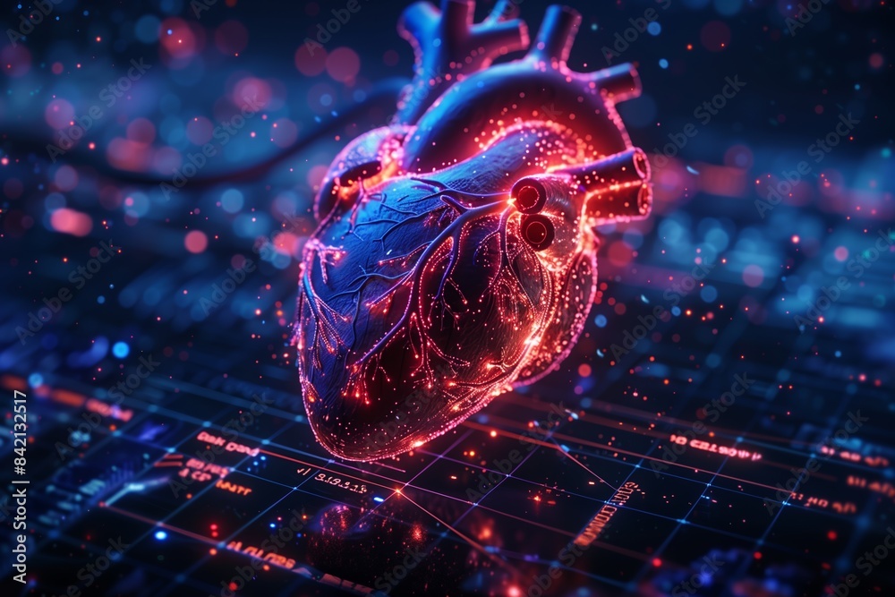 A digital model of a human heart with glowing red arteries is shown in ...