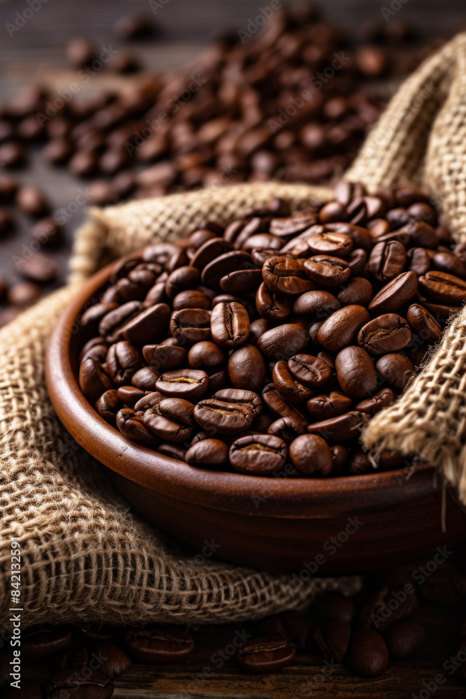 Fototapeta premium Wooden bowl filled with dark roasted coffee beans, on a burlap bag, with scattered beans in the background.
