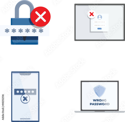Collection of four vector icons depicting denied access for digital security