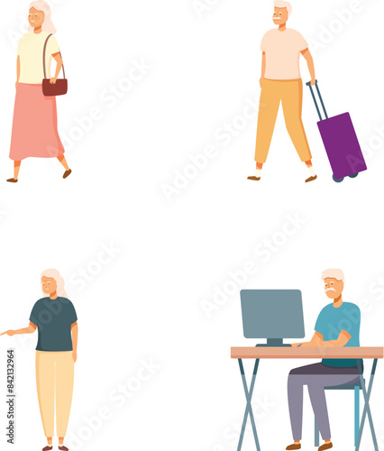 Set of illustrations featuring senior adults in different everyday situations, showcasing active lifestyle