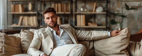 A man in a suit is sitting on a couch in a living room. He is wearing a shirt and a tie