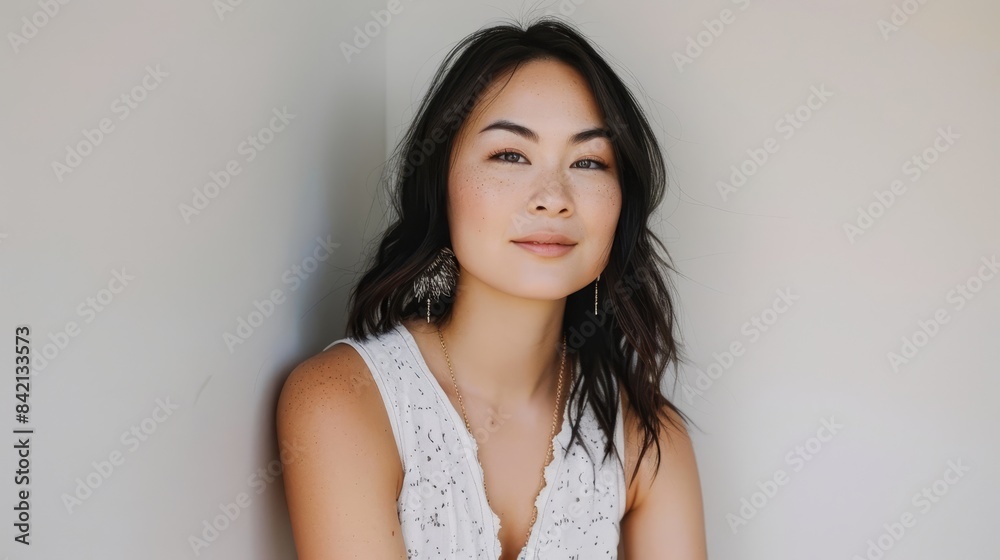 Young Asian woman with freckles in casual outfit smiling against a white background. Concept of natural beauty and confidence. Young Asian woman with freckles in casual outfit smiling against a white background. Concept of natural beauty and confidence.
