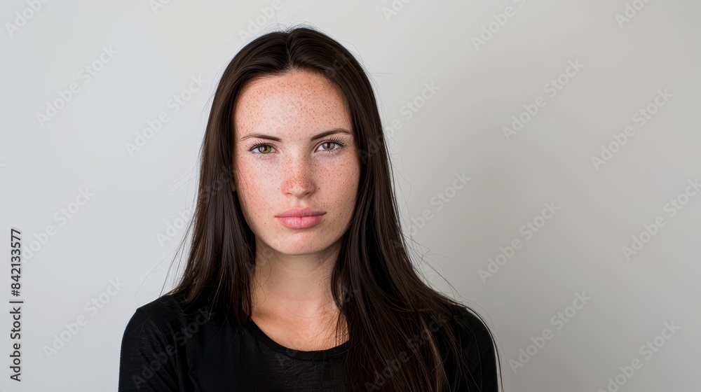 Close-up portrait of a young woman with freckles and blue eyes against a white background. Concept of natural beauty. Close-up portrait of a young woman with freckles and blue eyes against a white background. Concept of natural beauty.