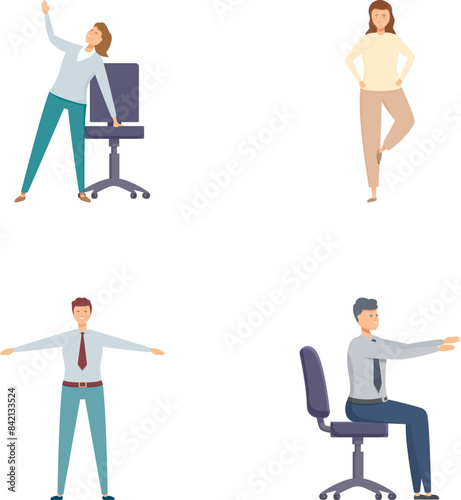 Illustrations of professionals in office attire stretching to promote wellbeing and ergonomics at the workplace
