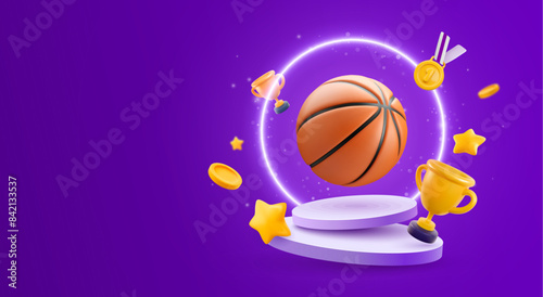  3d Basketball ball on podium with flying cups, medals, stars with neon lights effect on purple background. Hoops ball competition vector illustration. Sport banner template.