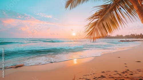 Calm tropical beach scene at sunset with palm trees and mountains in the background  reflecting on tranquil water  in soft pastel colors. Concept of serenity.