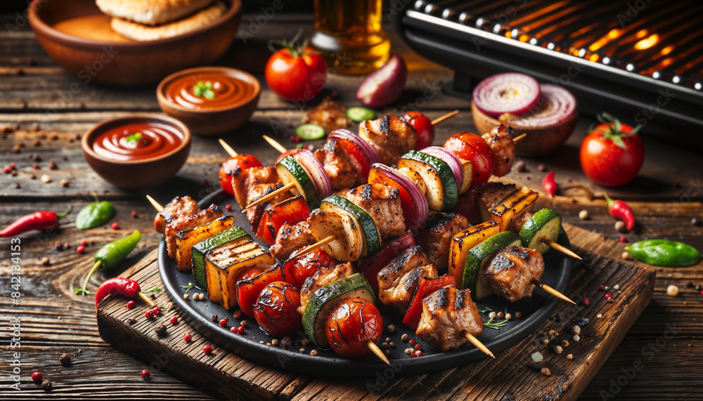 Grilled shish kebab or shashlik with vegetables on rustic table. Barbeque meat dish Grilled shish kebab or shashlik with vegetables on rustic table. Barbeque meat dish