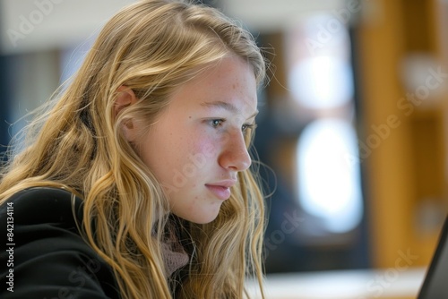 A young woman with long blonde hair concentrating on her work at a laptop in a modern office. The environment reflects a professional and focused atmosphere. © Victoriia