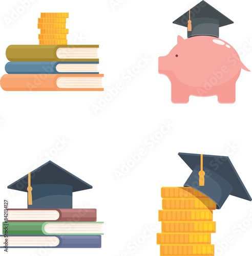 Illustrations of education investment concept with savings. Books. Graduation cap. Piggy bank. Coins. Financial literacy. College fund. Tuition cost. School money. Learning. Future planning. Budgeting