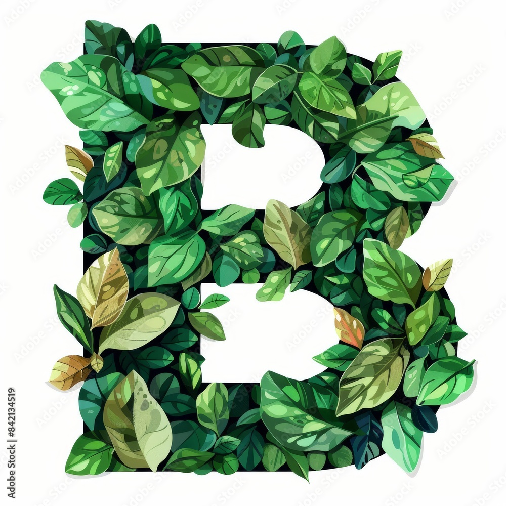 Fototapeta premium Letter B from branches and green leaves isolated. Easy to remove background.