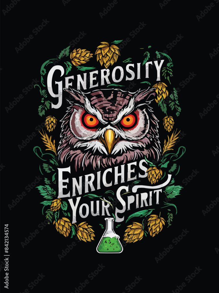 A captivating craft beer logo featuring an owl with glowing eyes surrounded by vivid hops and barley set against a black background A captivating craft beer logo featuring an owl with glowing eyes surrounded by vivid hops and barley set against a black background