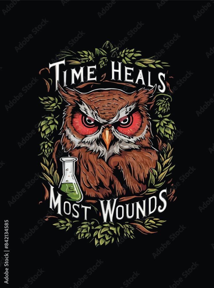 Obraz premium A captivating craft beer logo featuring an owl with glowing eyes surrounded by vivid hops and barley set against a black background