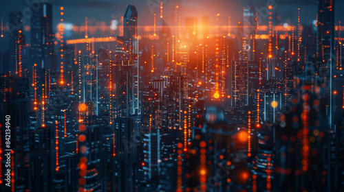 A futuristic cityscape illuminated by numerous glowing orange lights, creating a vibrant and high-tech atmosphere at dusk.