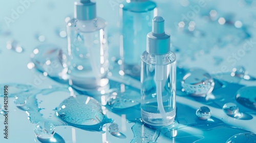 Crystal Clear Beauty Luxurious Skincare Bottles Glistening on Pastel Blue Surface Pure and Fresh Aesthetic