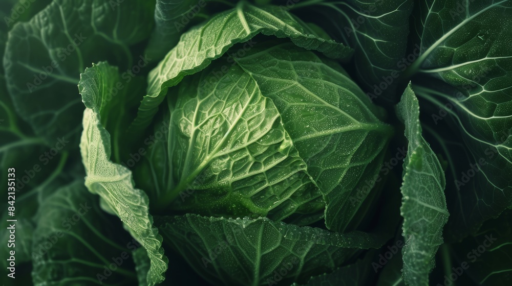 Obraz premium Close-up of green cabbage with dew drops