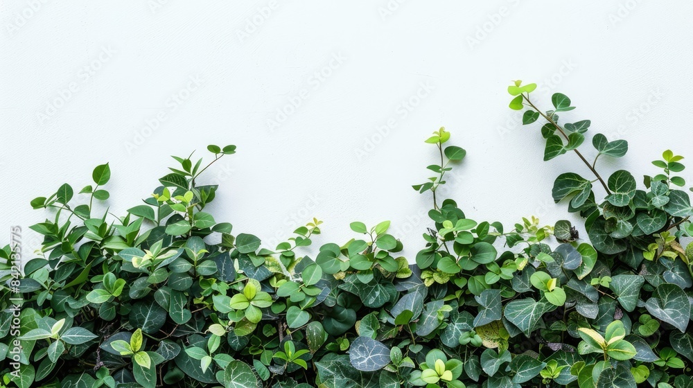 Green foliage against a white backdrop in a garden Green foliage against a white backdrop in a garden