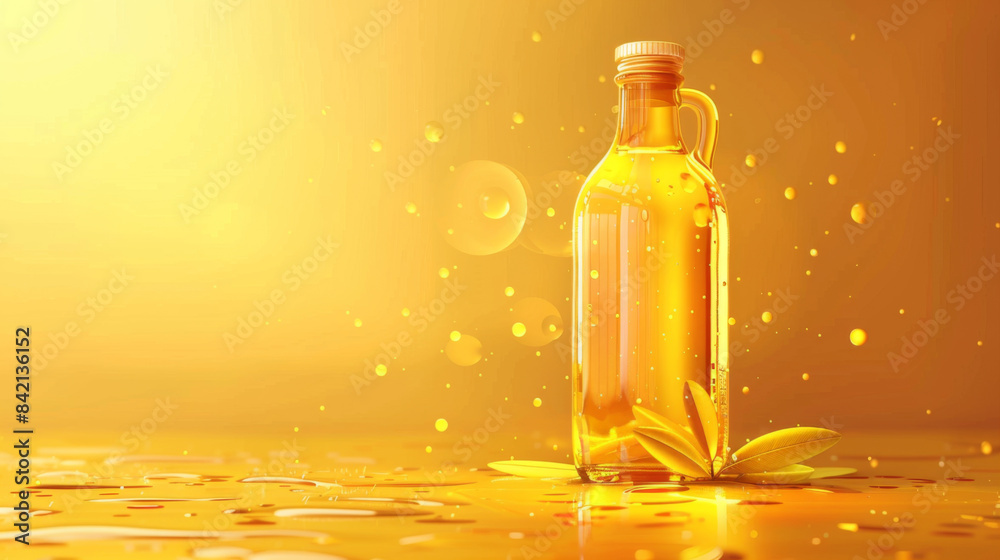 A golden bottle of sunflower oil with splashes and sunflower petals, illuminated against a bright yellow background. A golden bottle of sunflower oil with splashes and sunflower petals, illuminated against a bright yellow background.