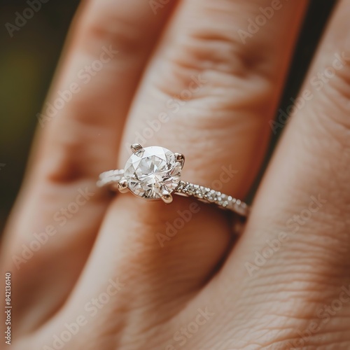 Close-up of a sparkling diamond engagement ring on a woman's finger.