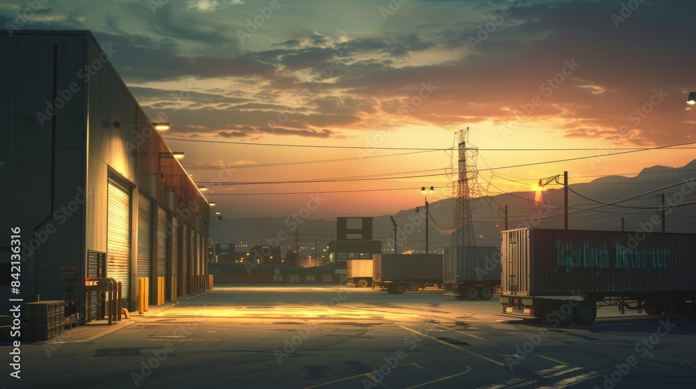 Obraz premium Golden Hour Glow Industrial Loading Docks Basking in the Warmth of Sunset Symbolizing the Close of a Productive Day
