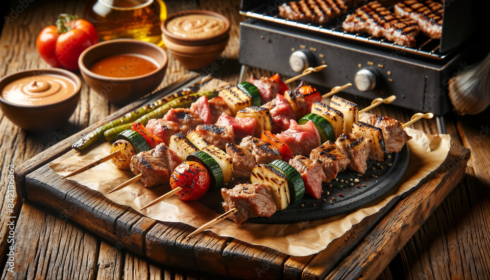 Grilled shish kebab or shashlik with vegetables on rustic table. Barbeque meat dish Grilled shish kebab or shashlik with vegetables on rustic table. Barbeque meat dish