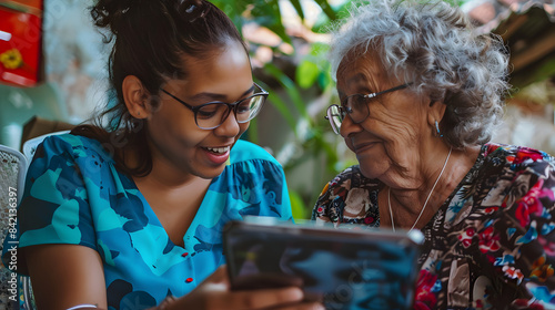 Girl teaching senior woman to work with technology in an ipad