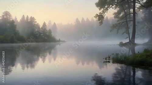 a serene lake at dawn with mist rising