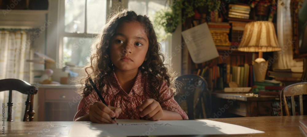 A young girl with long, dark hair sits at a wooden table in a room with bookshelves and a lamp. She is writing on a sheet of paper with a black pen A young girl with long, dark hair sits at a wooden table in a room with bookshelves and a lamp. She is writing on a sheet of paper with a black pen