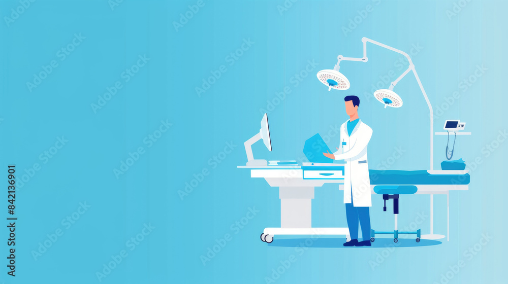 A doctor in a white coat stands in an operating room, examining medical records. The room is equipped with a surgical table and two overhead lights A doctor in a white coat stands in an operating room, examining medical records. The room is equipped with a surgical table and two overhead lights