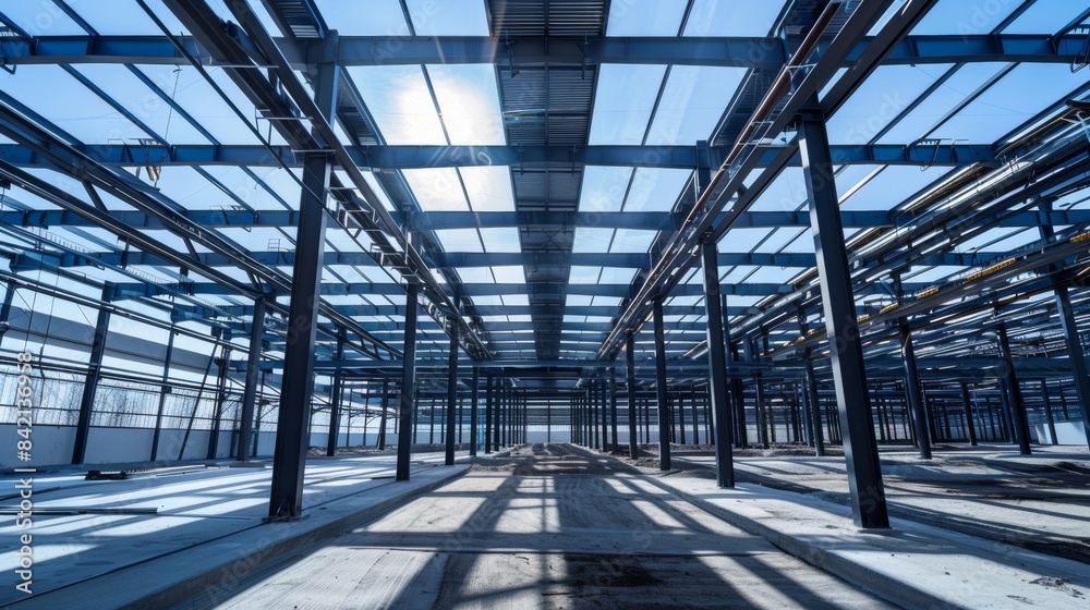 Industrial Elegance Steel Beams and Structures in a Modern Warehouse Construction Site Industrial Elegance Steel Beams and Structures in a Modern Warehouse Construction Site