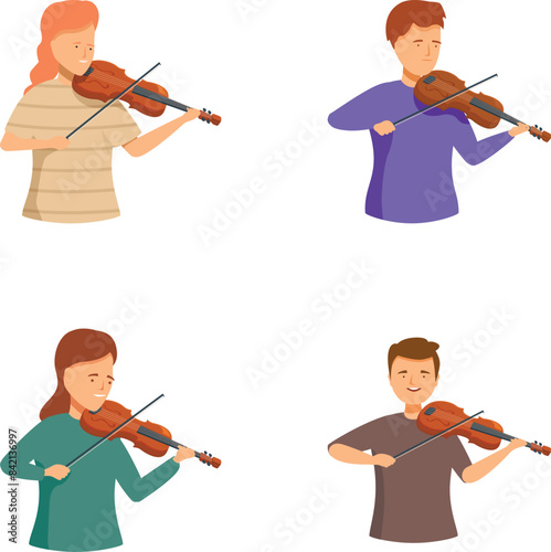 Collection of cheerful animated characters playing the violin, showcasing musical diversity