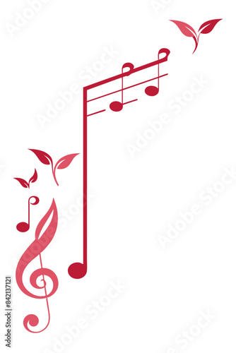 Red musical notes intertwined with leaves, blending nature and music beautifully