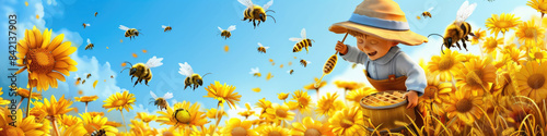 A cheerful cartoon boy wearing a straw hat collects honey from a beehive in a field of sunflowers photo
