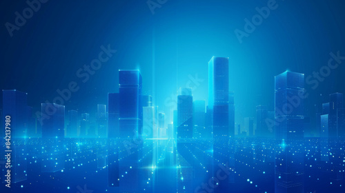 A glowing digital cityscape illuminated in blue  representing futuristic technology and smart city concepts at night.