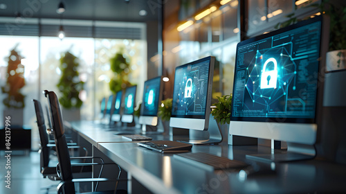 Cibersecurity High-tech computers and dual monitors on sleek desks with locks icons. Office has a clean, organized look with minimalistic dec