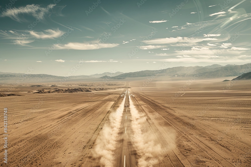 Naklejka premium An aerial view of a dusty road stretching across a vast, arid desert landscape, with two distinct trails of dust left by airplanes zooming across the terrain. Generative AI
