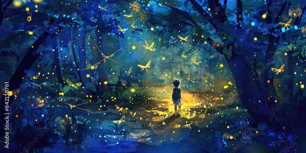 A single figure stands in the middle of a dark forest at night, surrounded by glowing fireflies