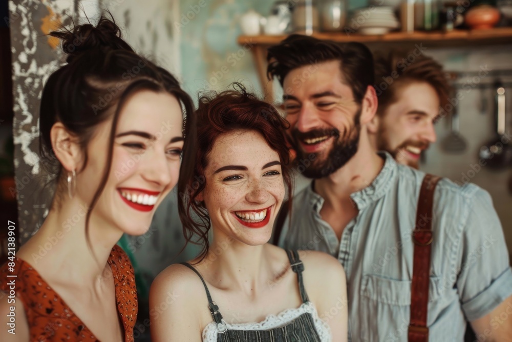 Group of young friends laughing and having fun together in the kitchen. Group of young friends laughing and having fun together in the kitchen.