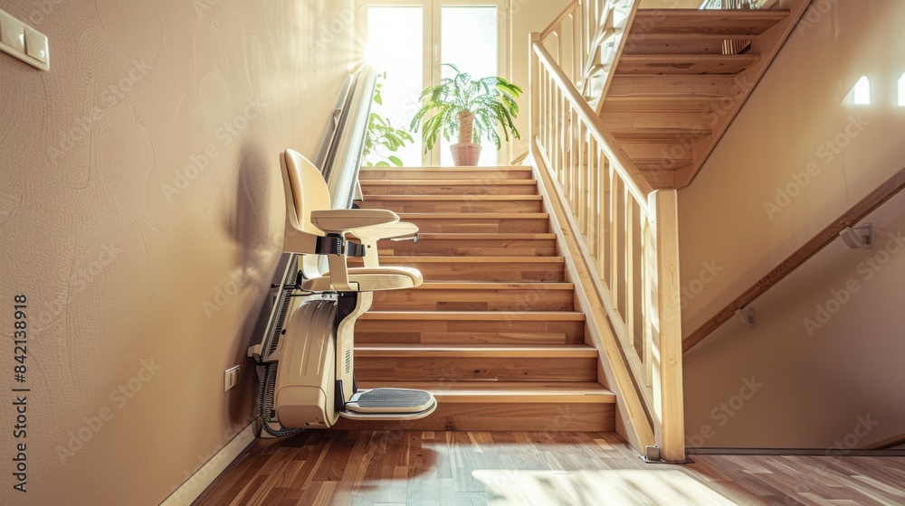 A stylish stairlift on a polished wooden staircase in a bright room, showcasing home accessibility solutions. Natural light illuminates the space, creating a cozy and welcoming atmosphere. A stylish stairlift on a polished wooden staircase in a bright room, showcasing home accessibility solutions. Natural light illuminates the space, creating a cozy and welcoming atmosphere.