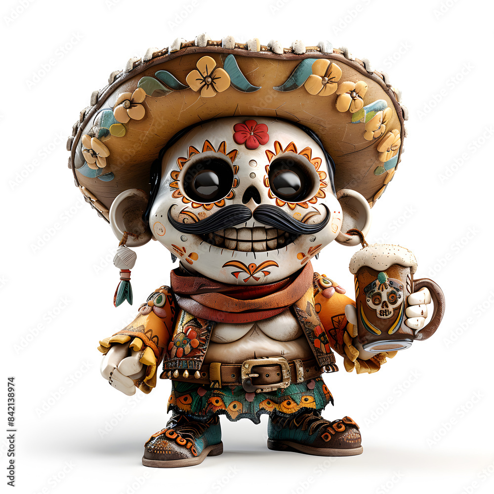 Sugar skull cartoon character 3d man with mustache and Mexican hat with ...