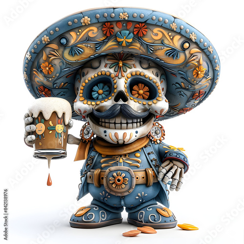 Sugar skull cartoon character 3d man with mustache and Mexican hat with big mug of beer in her hand, dancer, white background Day of the death concept photo