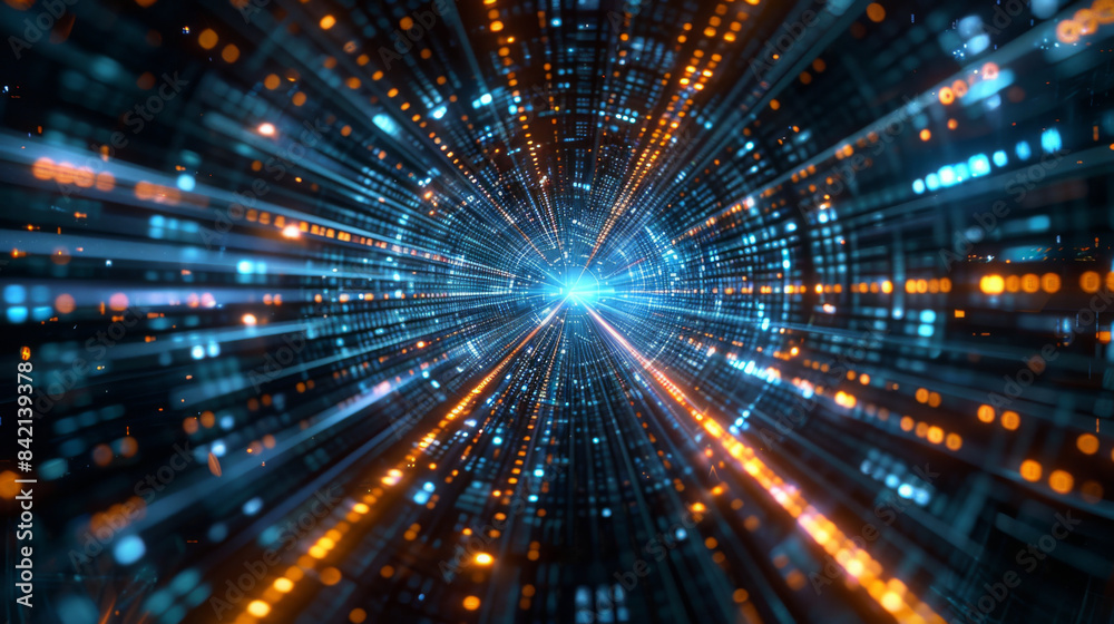 Naklejka premium Abstract image of a tunnel with bright, futuristic lights and data streams, suggesting high-speed data transmission.