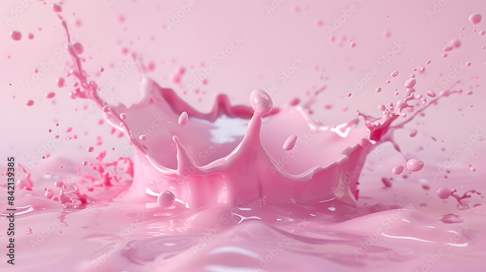 Close up splash of pink milk and white background, strawberry milk. 3d illustration, rose Paint. Close up splash of pink milk and white background, strawberry milk. 3d illustration, rose Paint.