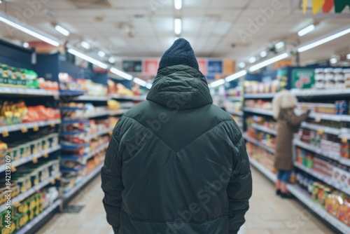 A person wearing a winter jacket shops in a supermarket aisle. Shelves are stocked with various products and another customer is seen in the background.