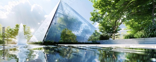 Sustainable office building with a reflective water feature captured from a low angle view photo