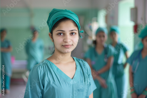 Portrait of young Indian nurse or a doctor intern with colleagues. High quality photo