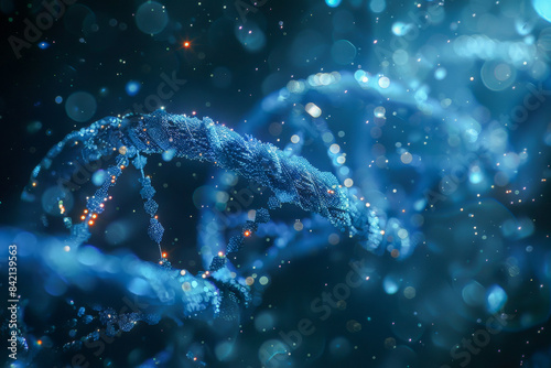 A detailed close-up of a DNA molecule illuminated with blue light, highlighting its intricate structure and genetic significance