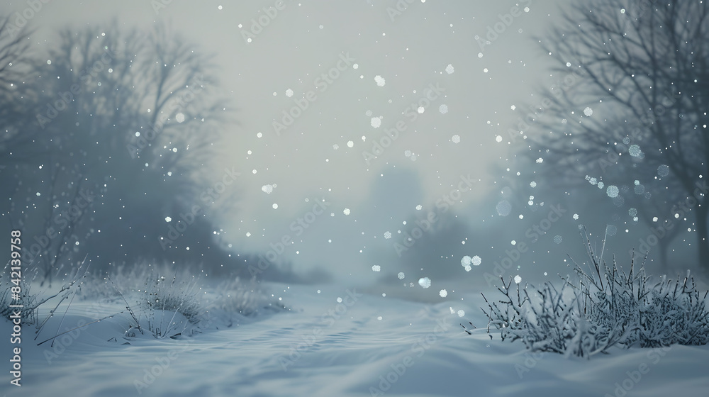 Fototapeta premium delicate snowflakes gently falling from a soft, overcast sky, blanketing a serene, untouched landscape with a pristine layer of white snow. 