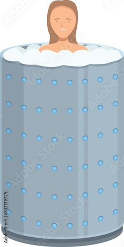 Young woman is enjoying a cryotherapy session, standing in a cylindrical chamber filled with cold air