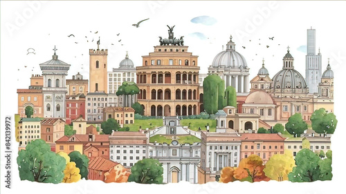 watercolor illustration, collage Rome skyline and landmarks, travel agency brochure,